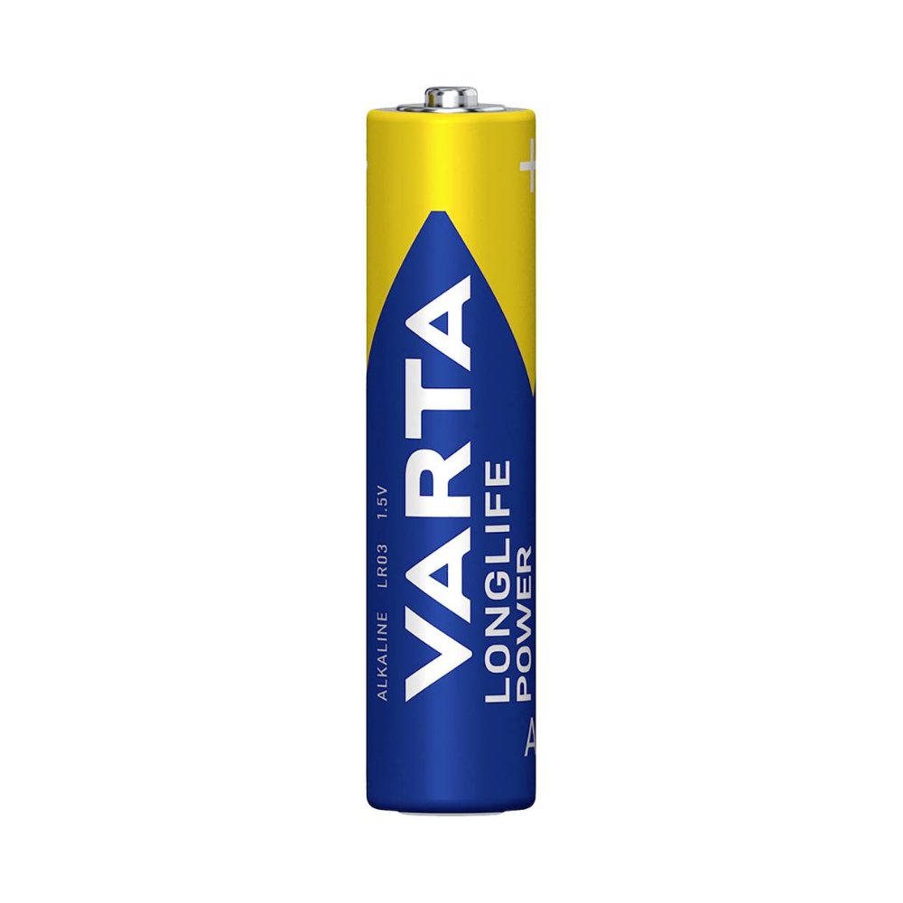 Une seule pile Varta Longlife Power Micro AAA. La pile est principalement bleue avec un grand triangle bleu et des accents jaunes ainsi que le logo de la marque et les détails du type de la Varta AG.
