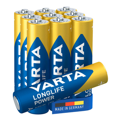 Six piles Varta Longlife Power Micro AAA empilées les unes sur les autres, l'une d'elles est à l'avant, avec le logo de la marque bleu et jaune et l'inscription « Made in Germany ».