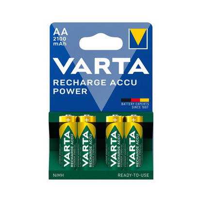 Emballage de quatre piles Varta Recharge Accu Power AA 2100 mAh vertes et dorées avec une capacité de 2100 mAh, marquées comme NiMH et « rechargeables ».