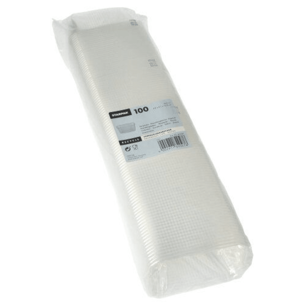 Un paquet scellé de 100 gobelets d'emballage Starpak, PP rectangulaire transparent, est empilé et emballé dans un emballage clair avec une étiquette de produit, idéal pour le stockage des aliments à côté de votre collection Starpak existante.