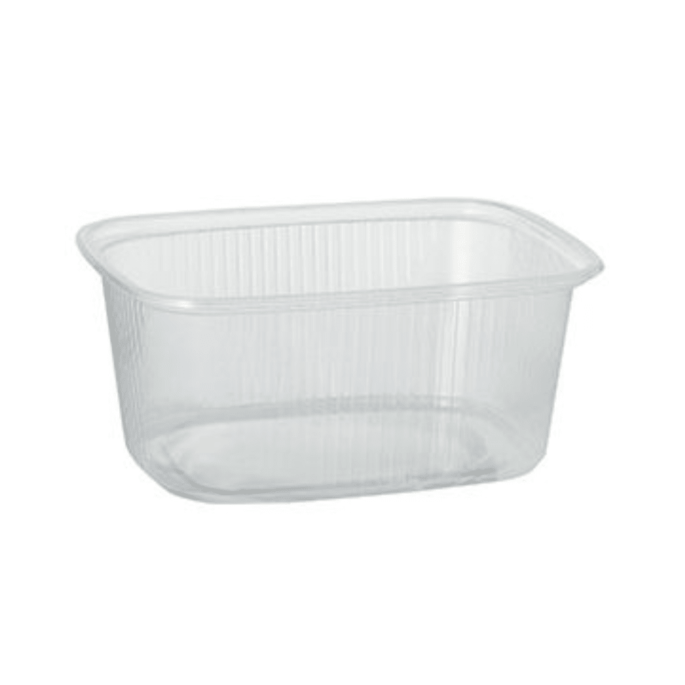 Le gobelet d'emballage Starpak 100 est un récipient alimentaire transparent rectangulaire de 250 ml en PP avec des coins arrondis et des côtés nervurés de Starpak, idéal pour le stockage des aliments, illustré vide sur un fond uni blanc.
