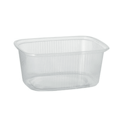 Le gobelet d'emballage Starpak 100 est un récipient alimentaire transparent rectangulaire de 250 ml en PP avec des coins arrondis et des côtés nervurés de Starpak, idéal pour le stockage des aliments, illustré vide sur un fond uni blanc.