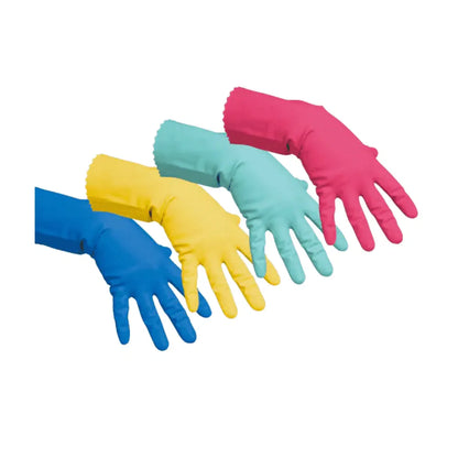 Quatre gants polyvalents Vileda Professional de Vileda GmbH sont alignés sur un fond blanc. Ces gants colorés du gant polyvalent fin sont disponibles en bleu, jaune, vert et rose. Chaque gant est orienté vers le spectateur avec les doigts tendus pour montrer le devant.