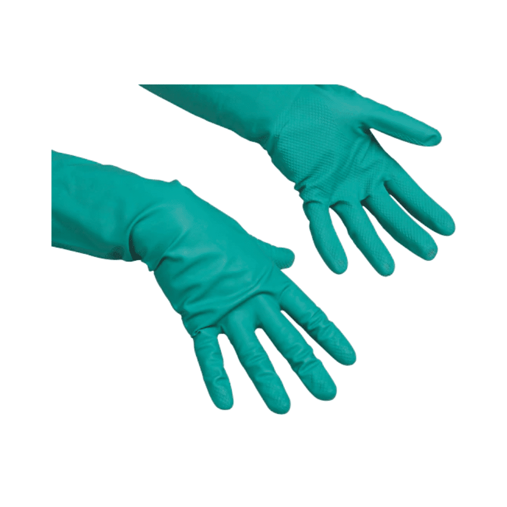 Nous présentons le Vileda Professional Universal - Le gant en nitrile polyvalent de Vileda GmbH, une paire de gants de nettoyage en caoutchouc bleu-vert idéale pour les personnes allergiques au latex. Ces gants ont des paumes et des doigts texturés pour une meilleure prise et sont connus pour leur résistance chimique. L'image montre un gant avec la paume vers le haut et l'autre vers le bas sur un fond blanc simple.