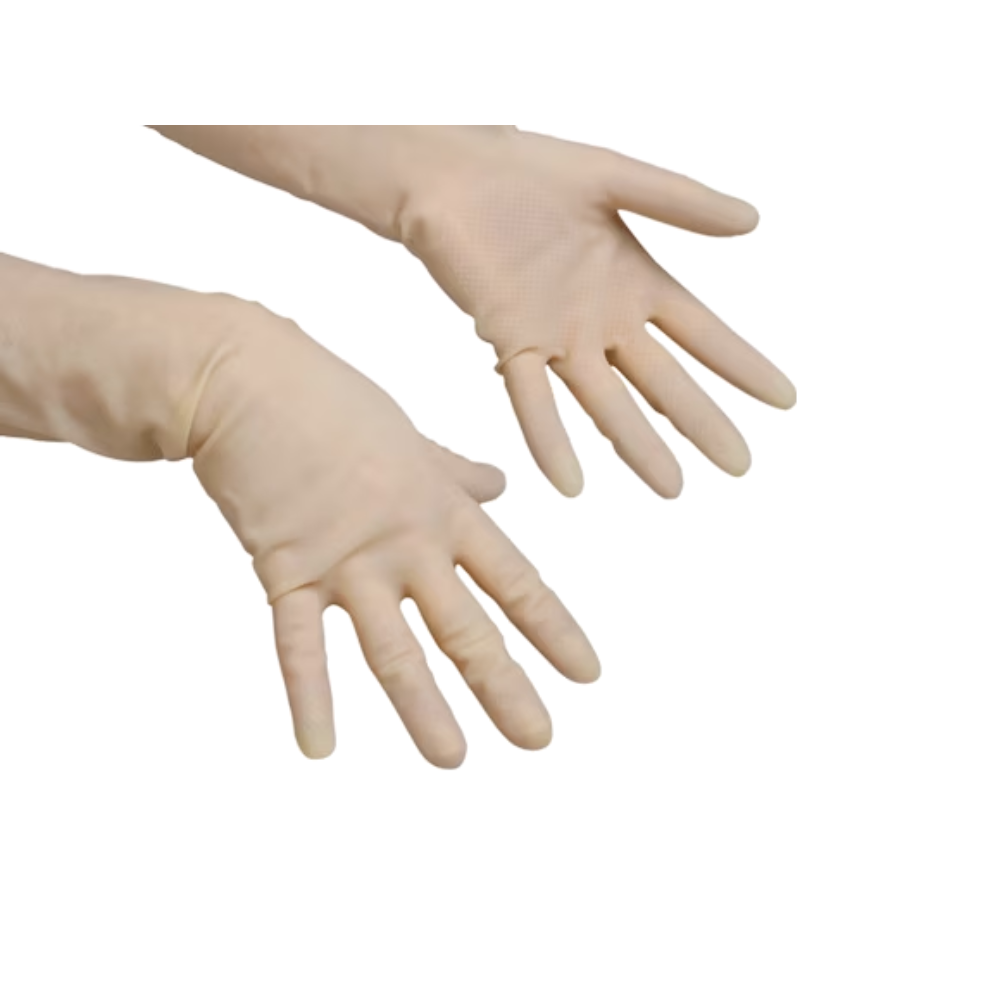 Sur fond blanc, deux mains avec les gants lisses et beiges Vileda Professional Lightweight - Le Sensible de Vileda GmbH sont visibles. Les doigts sont légèrement écartés et l'ajustement serré est parfait pour les travaux de précision dans le secteur de la santé ou les travaux de nettoyage exigeants.