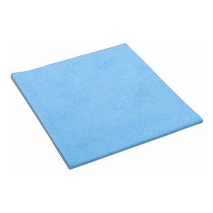 Un chiffon en microfibre bleu Vileda MicroClean Plus, soigneusement plié, vendu par Vileda GmbH en paquet de 5, montre sa performance de nettoyage supérieure sur un fond blanc immaculé.