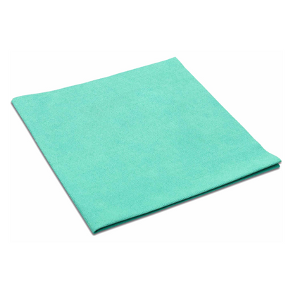 Un chiffon en microfibre Vileda MicroClean Plus de la marque Vileda GmbH en vert, soigneusement plié, représente une haute performance de nettoyage sur un fond blanc immaculé.