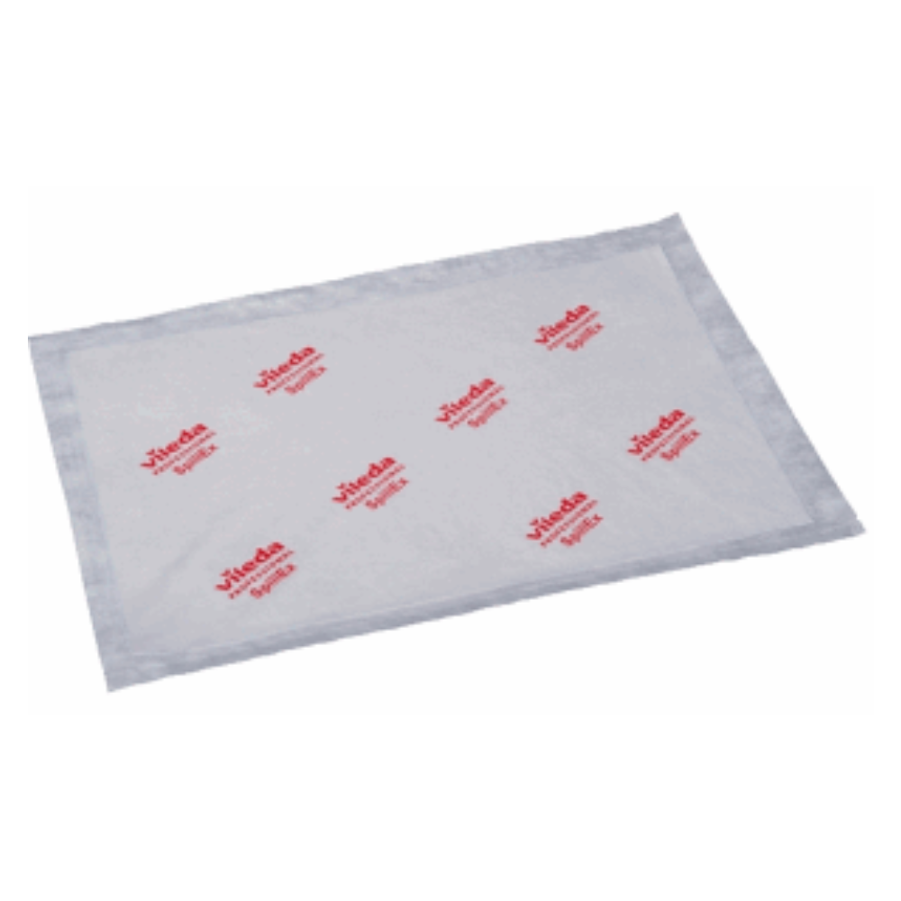 Un chiffon de nettoyage rectangulaire de Vileda GmbH avec une surface blanche, des logos rouges et le texte imprimé plusieurs fois « Vileda Professional » et « Microclean ». Les bords gris améliorent la durabilité et l'hygiène, car le chiffon est soumis à une irradiation gamma pour garantir une hygiène optimale. Ce produit spécial est connu sous le nom de Vileda Professional Bodentuch Spillex CE Gamma Irradiated 51x37cm.