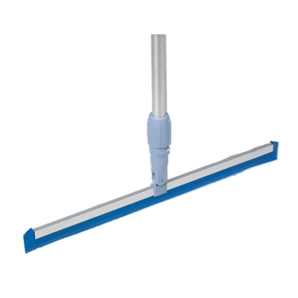 Le racloir à eau Vileda Professional MultiSqueegee - 50 c de Vileda GmbH est présenté avec un long manche argenté avec une poignée bleu clair confortable et une lèvre en caoutchouc bleue. Ce racloir, connu à la fois comme racloir à eau et racloir, est positionné verticalement devant un fond uni.