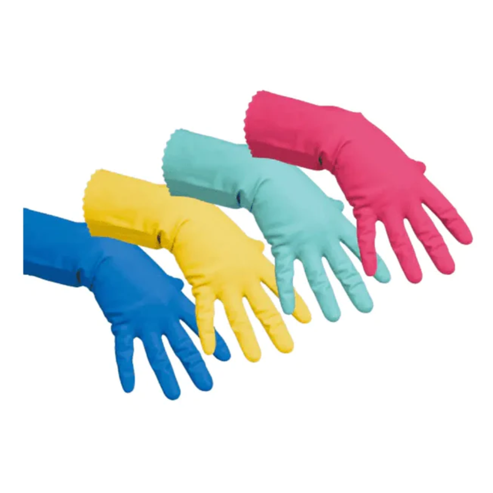 Quatre gants polyvalents professionnels de Vileda GmbH, connus sous le nom de « Le gant polyvalent fin », sont présentés dans des couleurs vives - bleu, jaune, vert et rose. Les gants sont disposés en ligne, avec les doigts écartés dirigés vers le bas sur un fond blanc immaculé, idéaux pour les tâches de nettoyage.