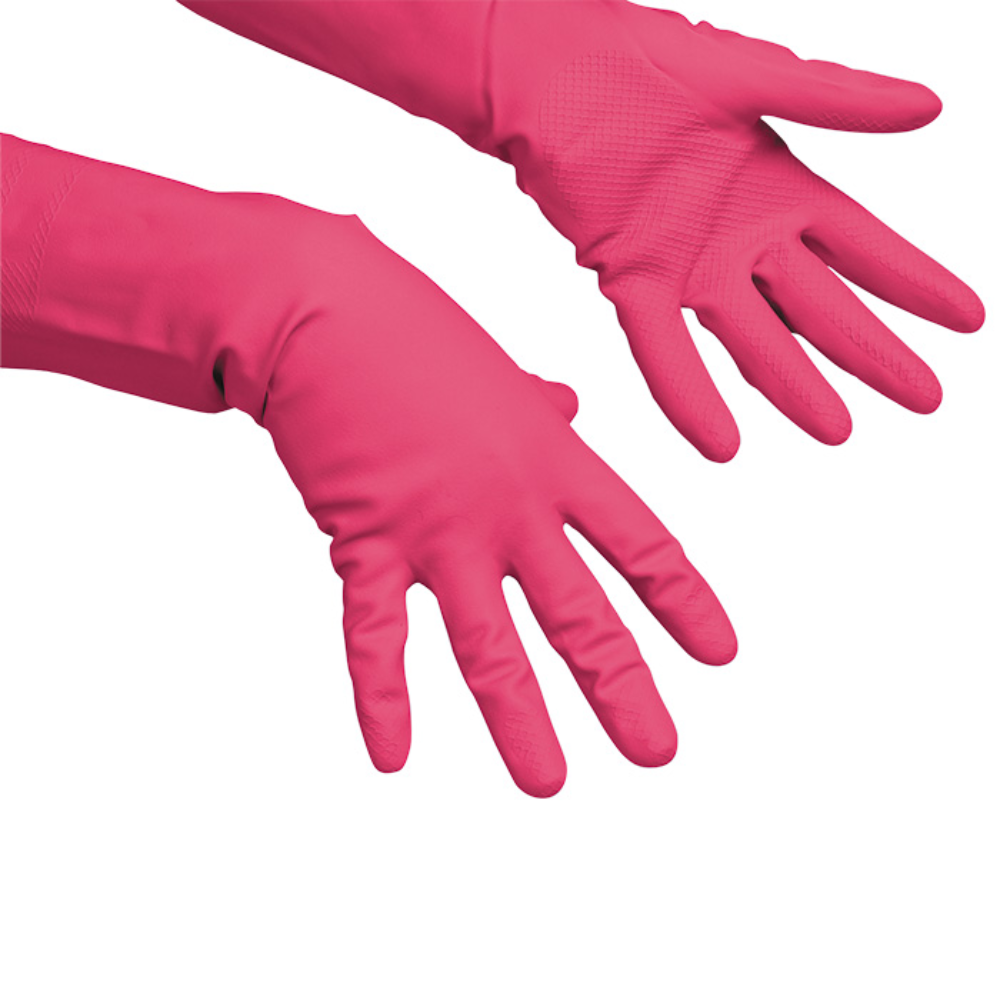 Deux gants polyvalents Vileda Professional - Le gant polyvalent fin en rouge de Vileda GmbH sont représentés sur fond blanc. Ces gants, parfaits pour les travaux de nettoyage, sont montrés avec les paumes vers le haut et les doigts légèrement écartés.