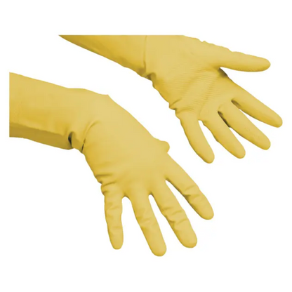 Deux gants polyvalents Vileda Professional - Le gant polyvalent fin en jaune de Vileda GmbH sont représentés sur un fond blanc, positionnés comme s'ils étaient portés avec une paume vers le haut et l'autre vers le bas. Ces gants sont parfaits pour les travaux de nettoyage et offrent une prise en main fiable et une protection pour chaque tâche.