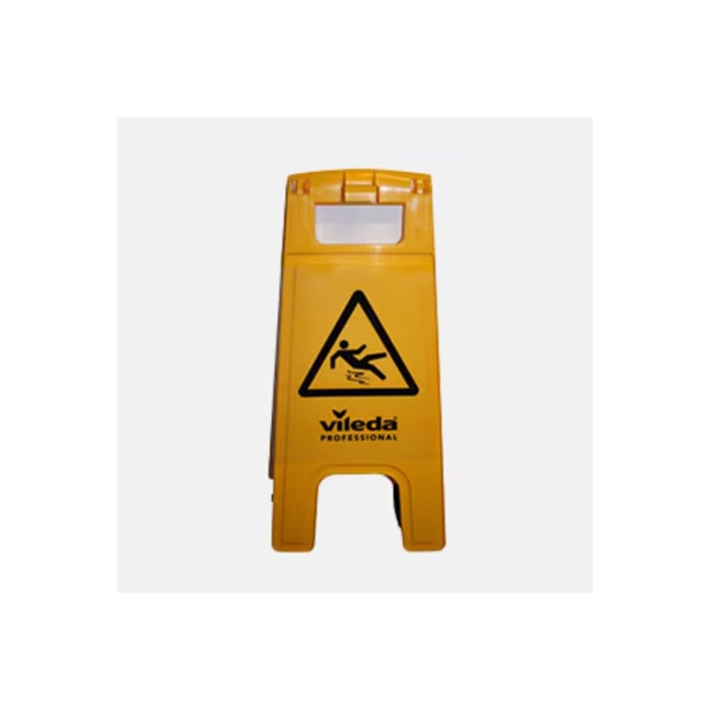 Le panneau d'avertissement « Risque de glissade » de Vileda GmbH montre un symbole de risque de glissade noir sur fond jaune et sert de signe important pour avertir des surfaces glissantes.