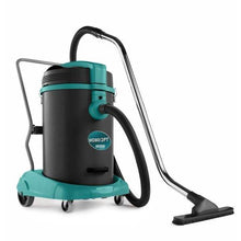 L'aspirateur eau et poussière Arcora Wd 80/2 Pt avec un grand volume de réservoir d'Arcora International GmbH dispose d'un grand corps noir et turquoise, d'un tuyau flexible, d'une poignée en métal et de quatre roues - parfait pour le nettoyage commercial sur toute surface. Représenté sur fond blanc.