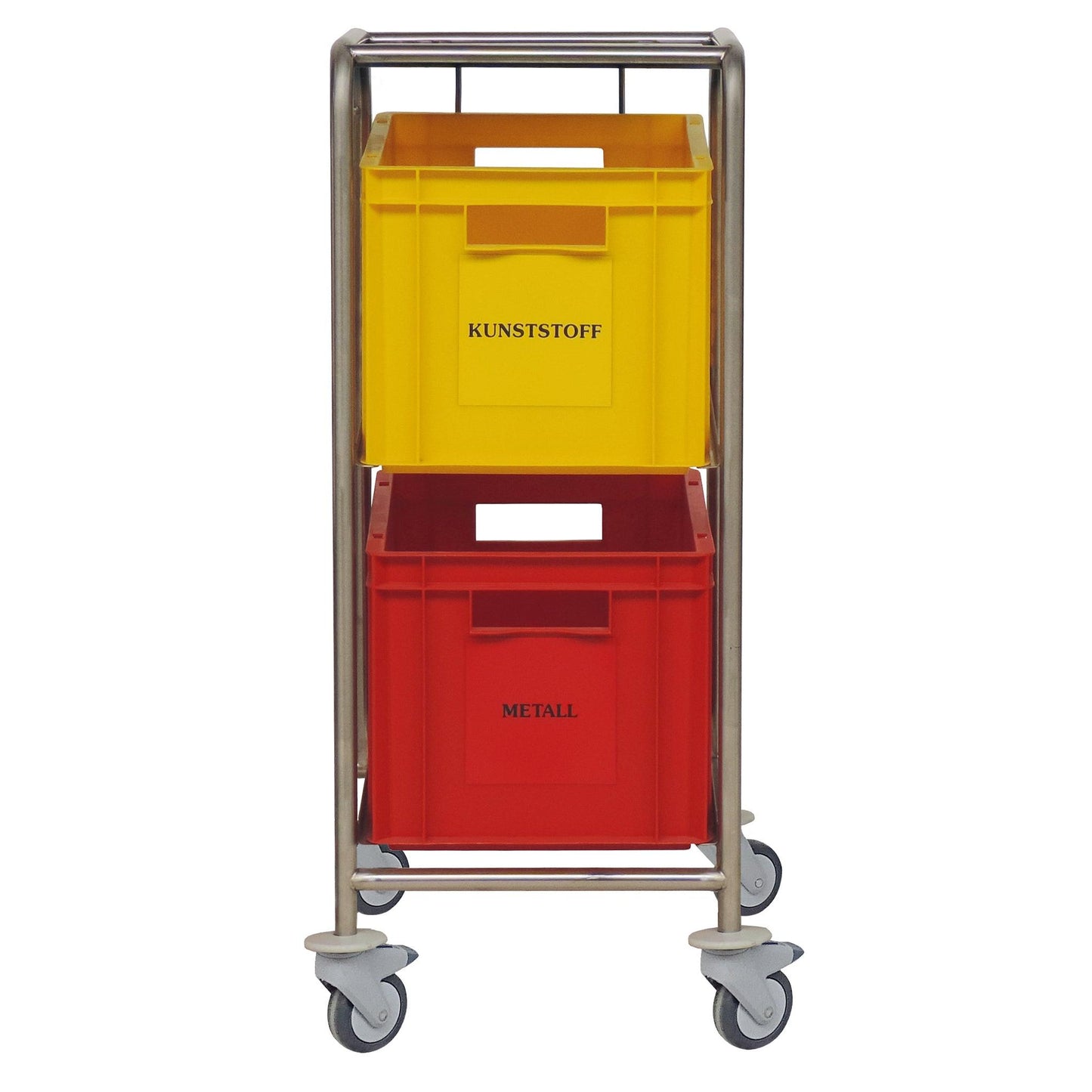 Le collecteur de matériaux recyclables Novocal dispose d'un cadre en acier inoxydable et de quatre roues qui supportent deux conteneurs en plastique coloré : le conteneur jaune supérieur portant l'inscription "PLASTIQUE" et le conteneur rouge inférieur portant l'inscription "MÉTAL" pour un recyclage organisé.