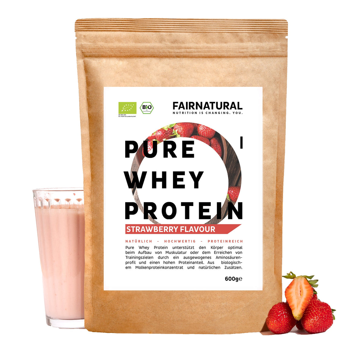 Protéines de lactosérum (whey) en poudre bio, saveur fraise