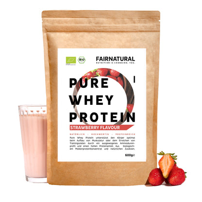 Protéines de lactosérum (whey) en poudre bio, saveur fraise