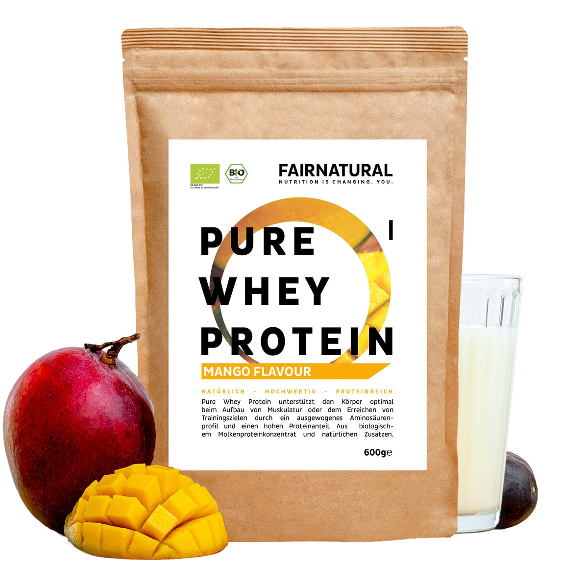 Protéines de lactosérum (whey) en poudre bio, saveur mangue