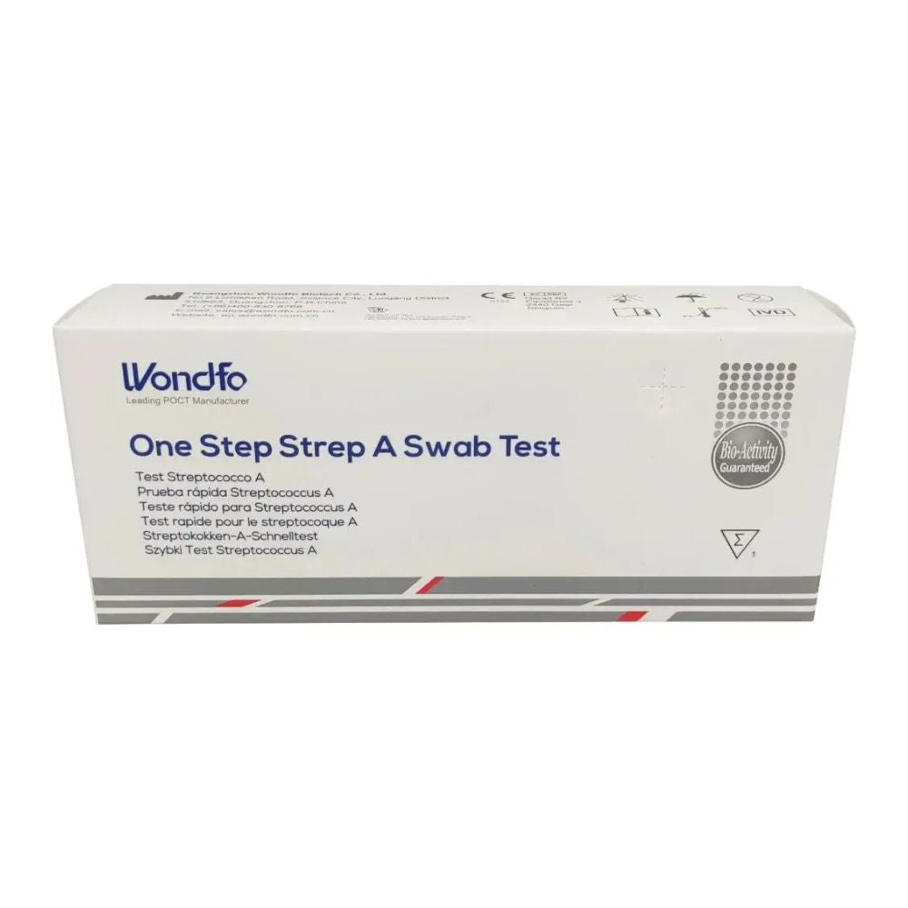 L'image montre une boîte blanche avec l'inscription « Wondfo Streptocoques A Test rapide – Autotest de Scarlatine » d'Altruan, idéale pour la détection des streptocoques à domicile. L'emballage présente un texte multilingue et un sceau de qualité sur le côté droit, avec des bandes rouges et grises en bas.
