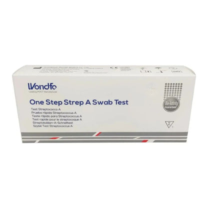 L'image montre une boîte blanche avec l'inscription « Wondfo Streptocoques A Test rapide – Autotest de Scarlatine » d'Altruan, idéale pour la détection des streptocoques à domicile. L'emballage présente un texte multilingue et un sceau de qualité sur le côté droit, avec des bandes rouges et grises en bas.