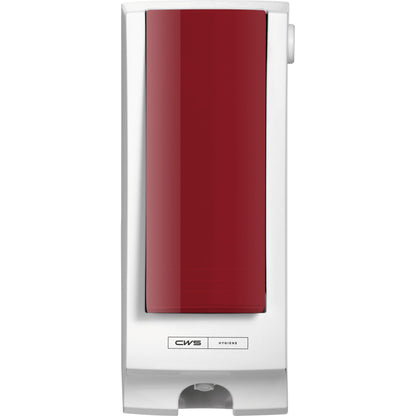 Le panneau avant CWS pour Paradise Seatcleaner est un distributeur mural blanc avec une façade rouge frappante et le logo CWS, parfait pour améliorer l'hygiène des toilettes.