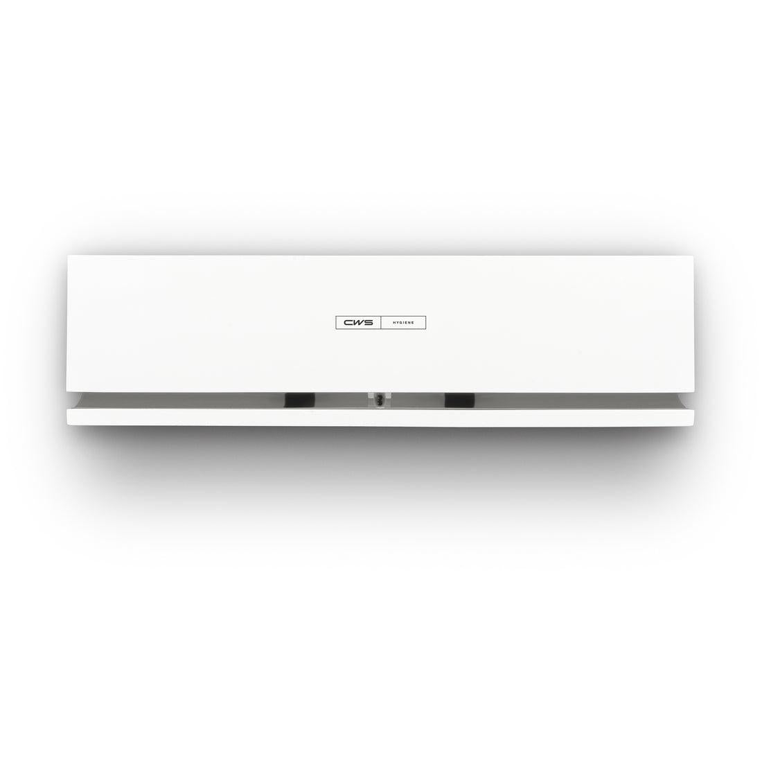 Le panneau avant CWS pour le diffuseur de parfum Air Bar est un panneau mural simple, blanc et rectangulaire avec un petit logo CWS au centre et une sortie d'air visible en bas, reflétant un design moderne.