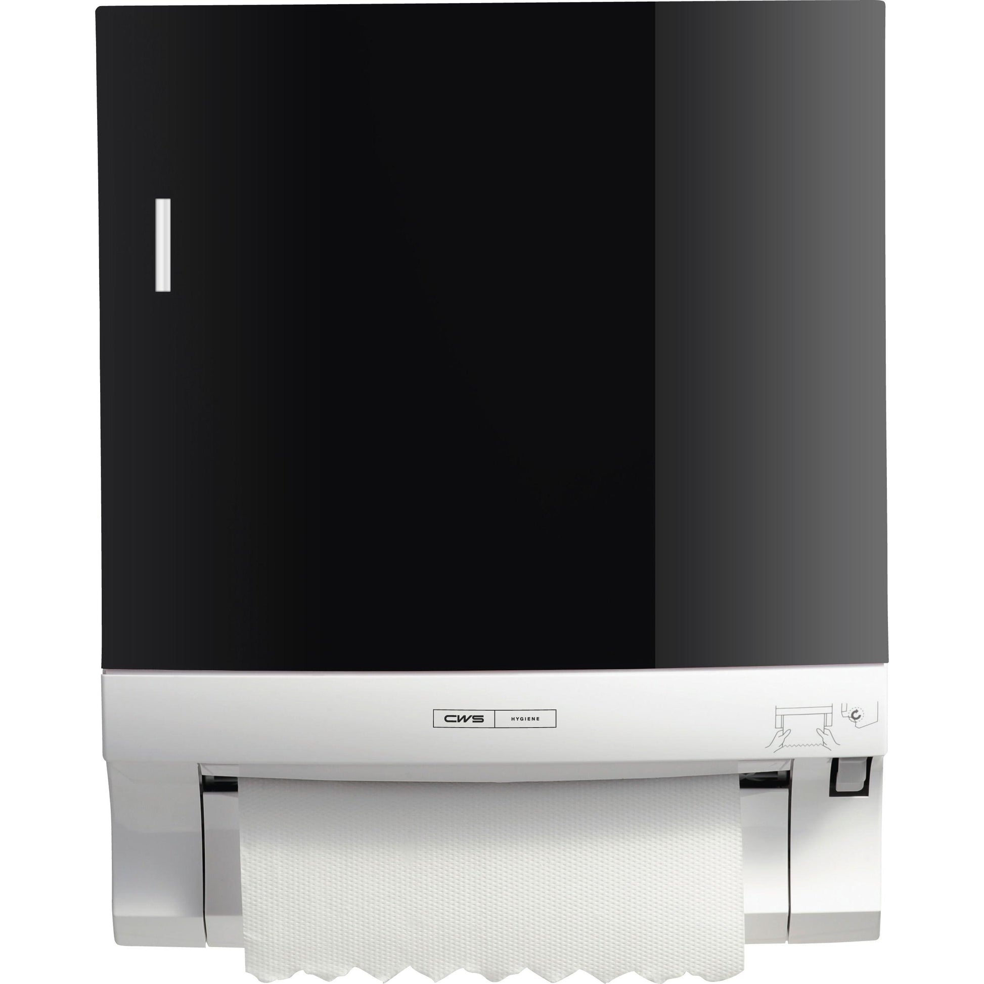 Der CWS Frontpanel für Rollenpapierhandtuchspender Paperroll ist ein schwarz-weißer Wandspender mit sichtbarem Handtuchpapier, kleinen Grafiken und dem CWS Markenlabel auf der Vorderseite - perfekt zur Optimierung von Waschräumen.