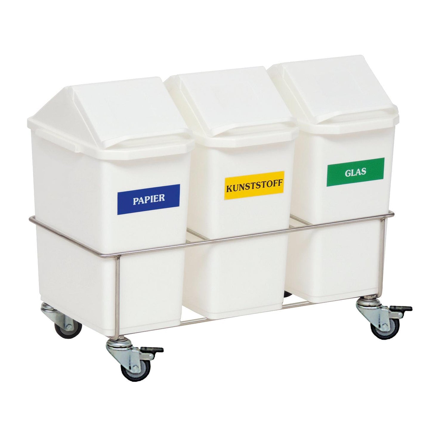 Le collecteur de matériaux Novocal Zimmer Dreifachsammler se compose de trois conteneurs blancs avec les inscriptions "Papier", "Plastique" et "Verre" dans un châssis en acier inoxydable avec roues et couvercles inclinés - parfait pour le tri facile des déchets dans les hôpitaux.