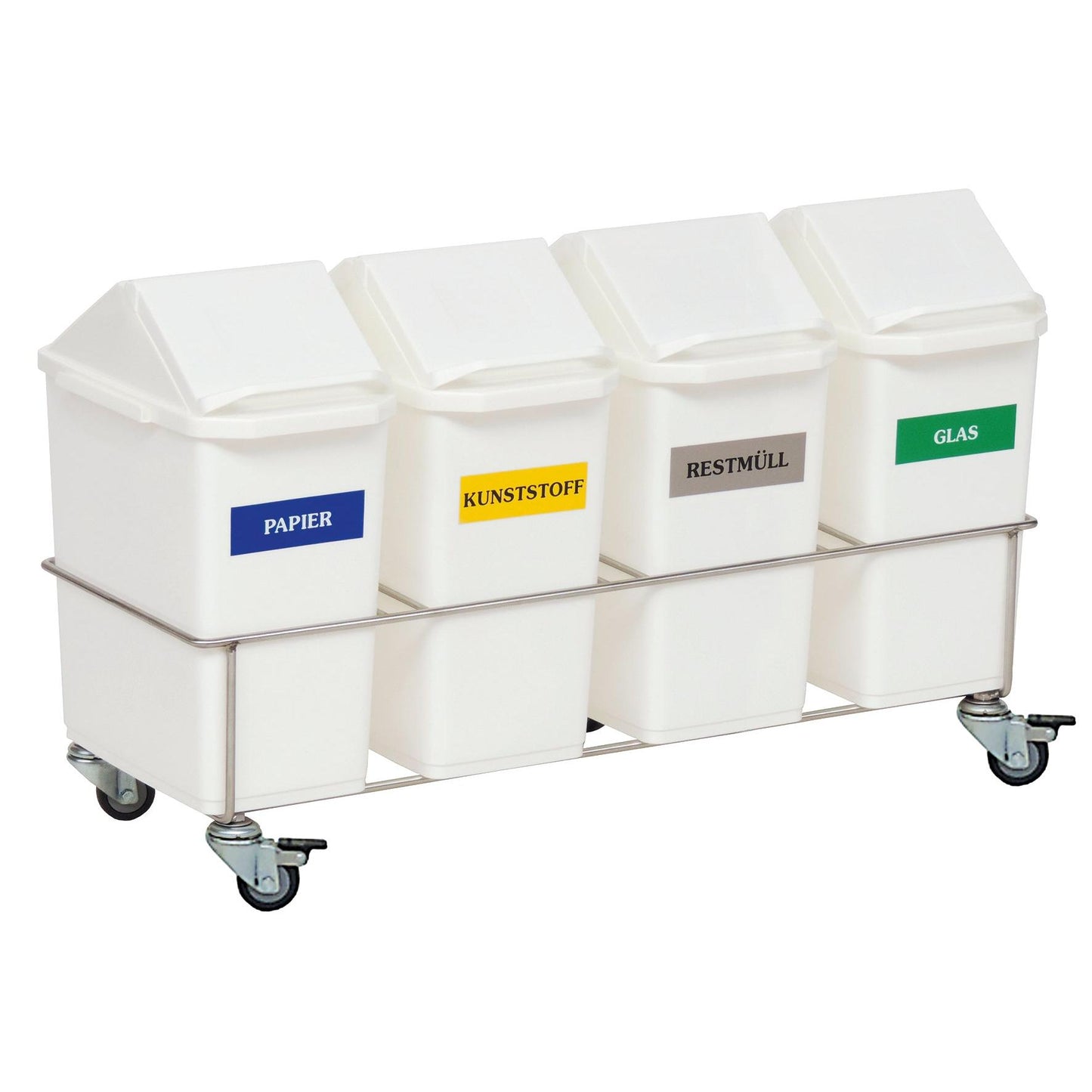 Le collecteur de matériaux de chambre Novocal à quatre compartiments dispose de quatre conteneurs avec couvercles et étiquettes colorées pour le papier, le plastique, les déchets résiduels et le verre sur un support avec roues en acier inoxydable - idéal pour un tri efficace des déchets dans chaque pièce.