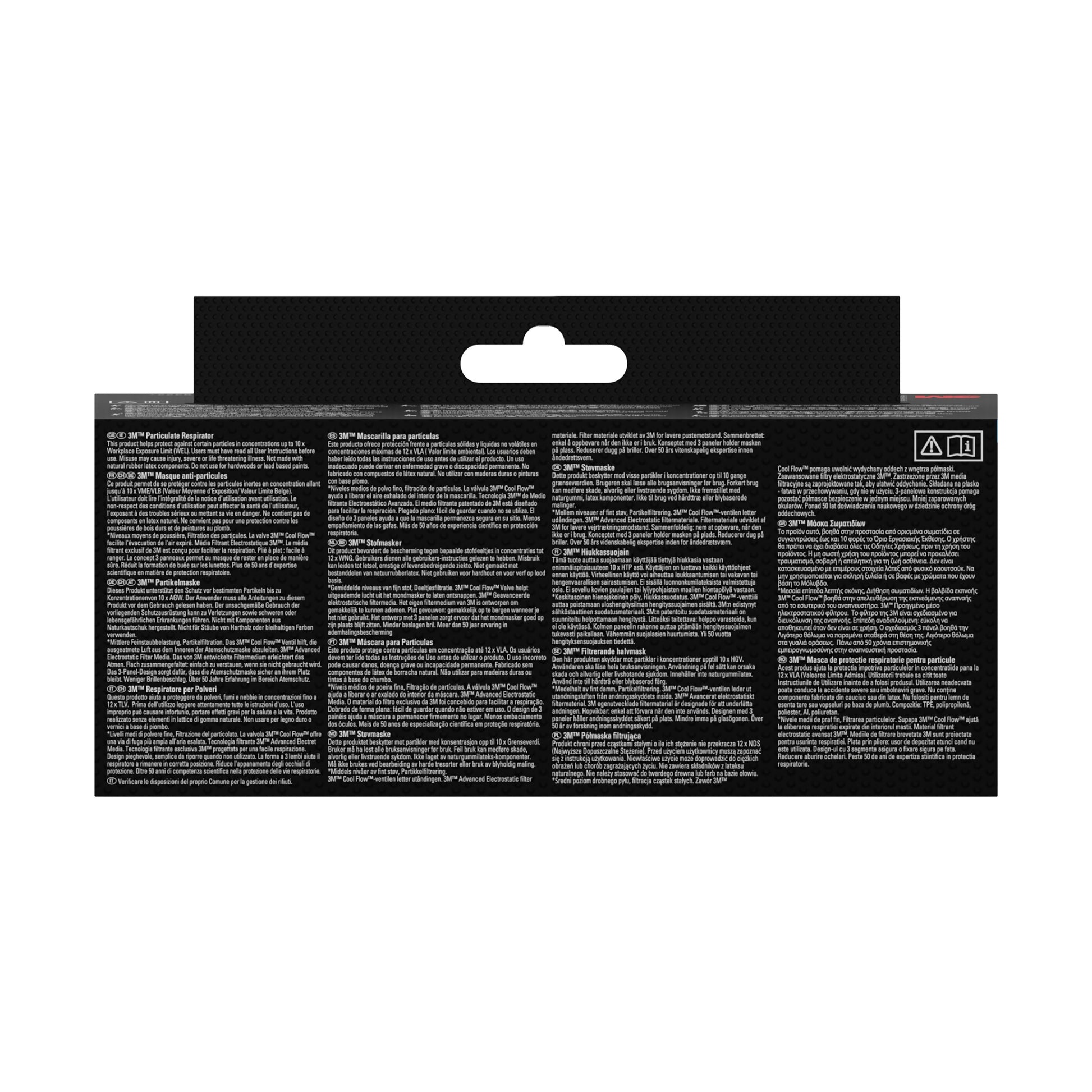 Die Abbildung zeigt die Rückseite einer 3M™ Aura™ Komfort-Partikelmaske 9320+ FFP2 (ohne Ventil, 5er Packung) der 3M Deutschland GmbH mit weißer Schrift, Warnsymbolen oben rechts und einer Aufhängelasche mit zentralem Loch.