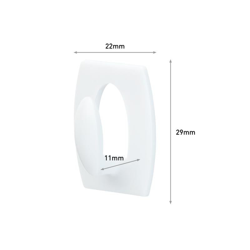 Le crochet mini Command™ 17006 de 3M Deutschland GmbH est un crochet rectangulaire blanc (22x29mm) avec des bords arrondis et un ovale intérieur de 11mm. Des flèches indiquent les dimensions. Idéal pour suspendre sans perçage et amovible sans laisser de résidus.