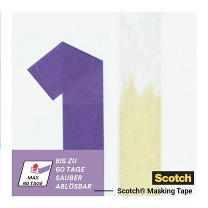 Comparaison de deux surfaces : l'une avec du Scotch® ruban de masquage pour surfaces délicates propre (36 mm x 41 m, 1 rouleau, 3M Deutschland GmbH), l'autre avec des résidus. Le texte souligne l'enlèvement sans résidus.