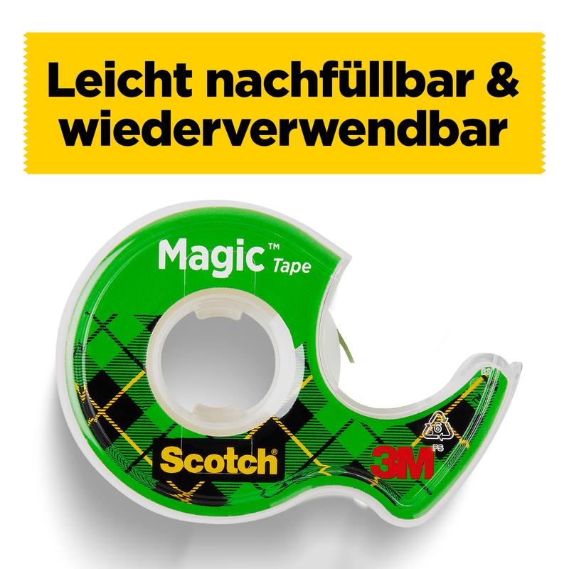 Un ruban adhésif invisible Scotch® Magic™ (19 mm x 25 mm, 1 rouleau sur dévidoir manuel + 5 m GRATUITS) de 3M Deutschland GmbH est illustré sous une bannière jaune avec le texte "Facile à recharger & réutilisable".