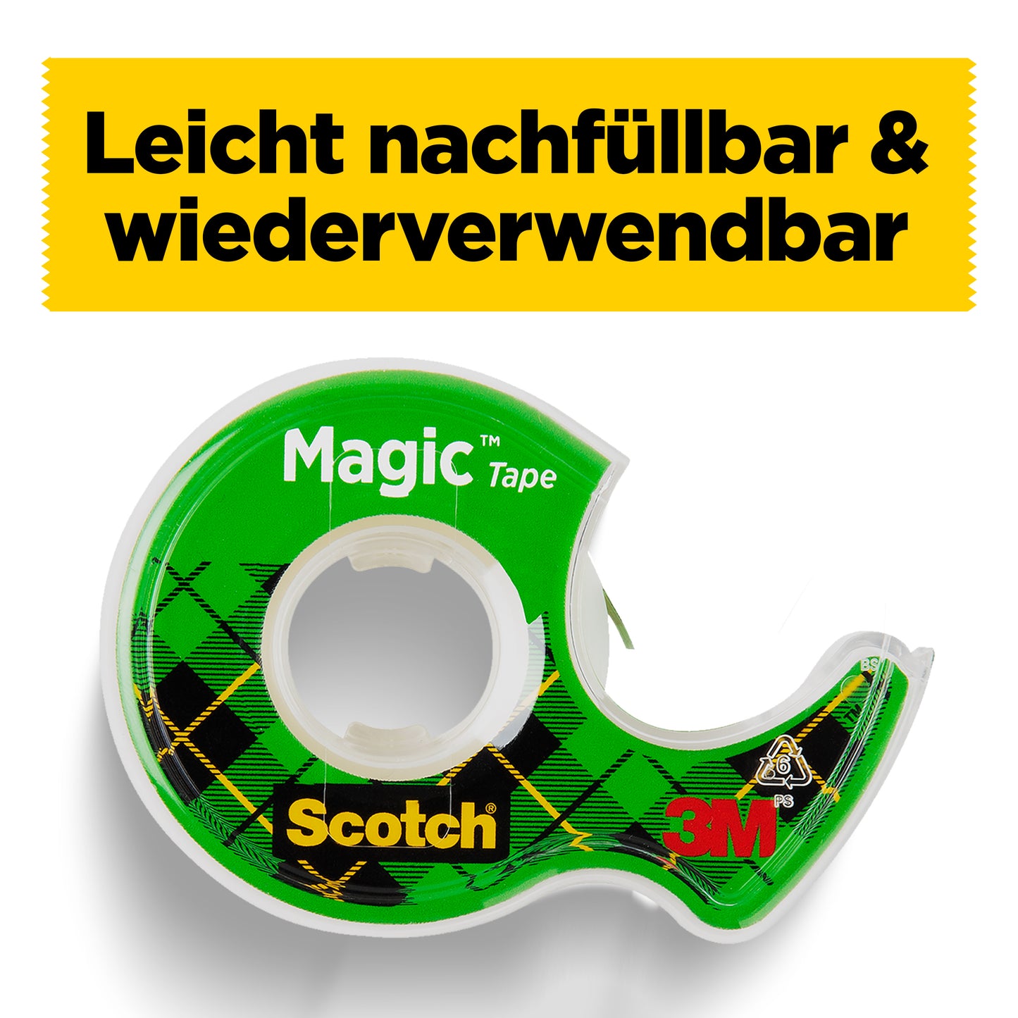 Un dévidoir manuel vert Scotch® Magic™ de 3M Deutschland GmbH avec un design à carreaux tient du ruban adhésif invisible. Sur une bannière jaune au-dessus, il est écrit : "Facile à recharger & réutilisable". Contient 3 rouleaux (19 mm x 25 m) + 1 GRATUIT.