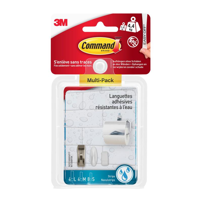 Un Multipack Command™ bandes résistantes à l'eau de 3M Deutschland GmbH contient 8×S, 4×M et 4×L pour une fixation sans perçage, avec une limite de 4,4 kg et un emballage bilingue français-anglais.