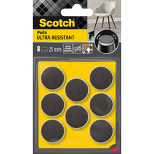 Eine Packung 3M Scotch® Extrembeständige Filzpads SP87A35, selbstklebende grau/weiße Filzpads (Ø 25 mm, 8/Packung), auf gelber Verpackung mit extra starkem Klebstoff und einem Stuhlsymbol in der oberen rechten Ecke.