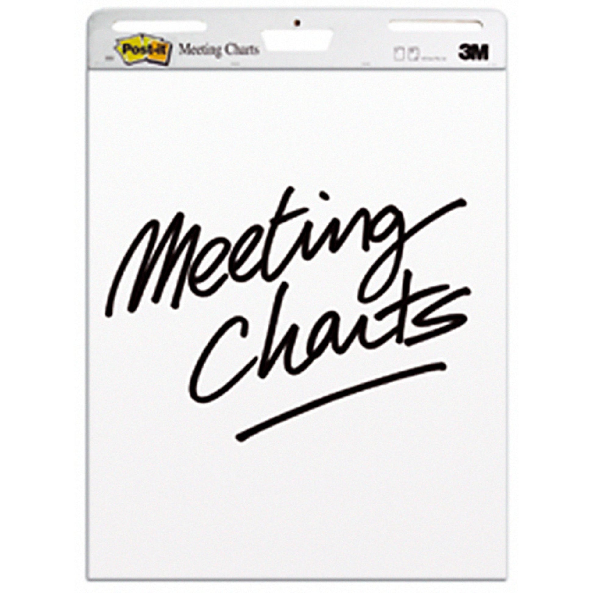 Ein großes Post-it® Super Sticky selbsthaftendes Meeting Chart/Flipchart für Wand-Montage 559 (63,5 x 76,2 cm, 30 Blatt/Block, 2 Blöcke), weiß, von 3M Deutschland GmbH, mit "Meeting Charts" vorn und dem 3M-Logo oben rechts.