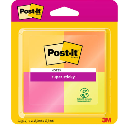 Eine Packung Post-It® Super Sticky Notes von 3M Deutschland GmbH, PEFC-zertifiziert, in verschiedenen Farben, 4 Blöcke à 45 Blatt (47,6 mm x 47,6 mm), mit erneuerbarem Klebstoff hergestellt.