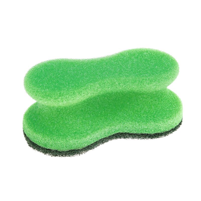 L'éponge de nettoyage Scotch-Brite® Classic de 3M Deutschland GmbH est une éponge double face avec un côté en mousse douce et un côté abrasif vert foncé, illustrée sur un fond blanc.
