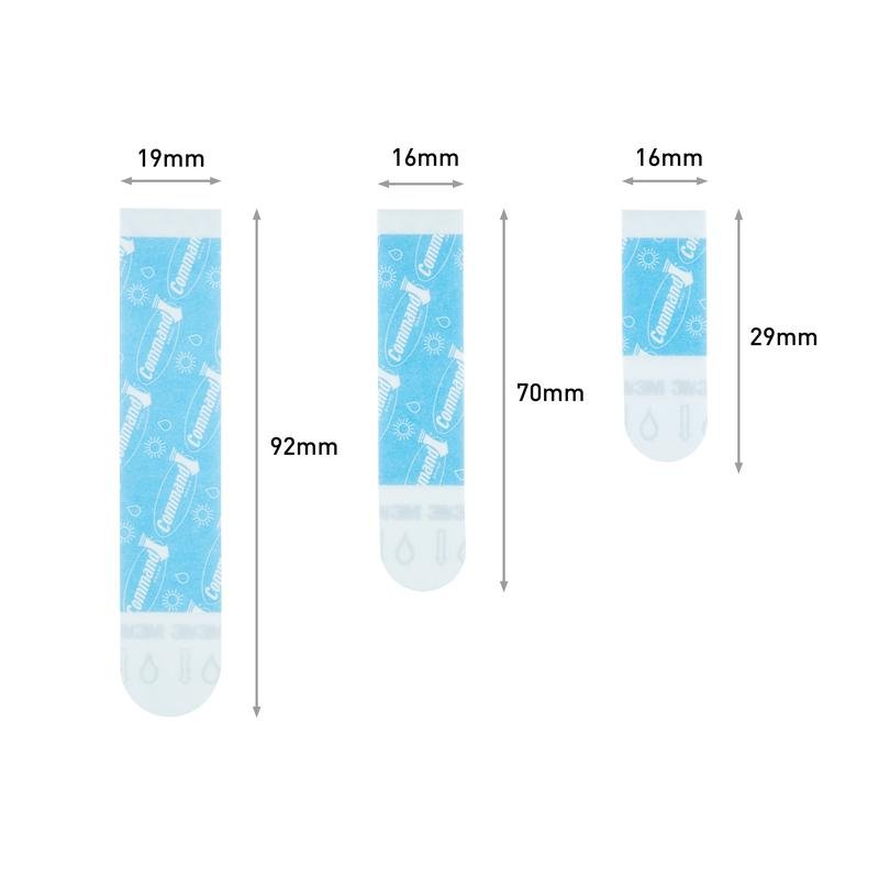 Trois bandes résistantes à l'eau Command™ bleues, rectangulaires de 3M Deutschland GmbH sont illustrées verticalement en tailles S (16×29mm), M (16×70mm) et L (19×92mm), chacune avec un tube à essai et un motif moléculaire. Multipack : 8 S, 4 M, 4 L.