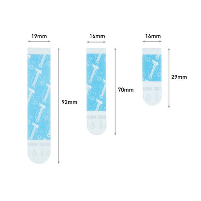 Trois bandes résistantes à l'eau Command™ bleues, rectangulaires de 3M Deutschland GmbH sont illustrées verticalement en tailles S (16×29mm), M (16×70mm) et L (19×92mm), chacune avec un tube à essai et un motif moléculaire. Multipack : 8 S, 4 M, 4 L.