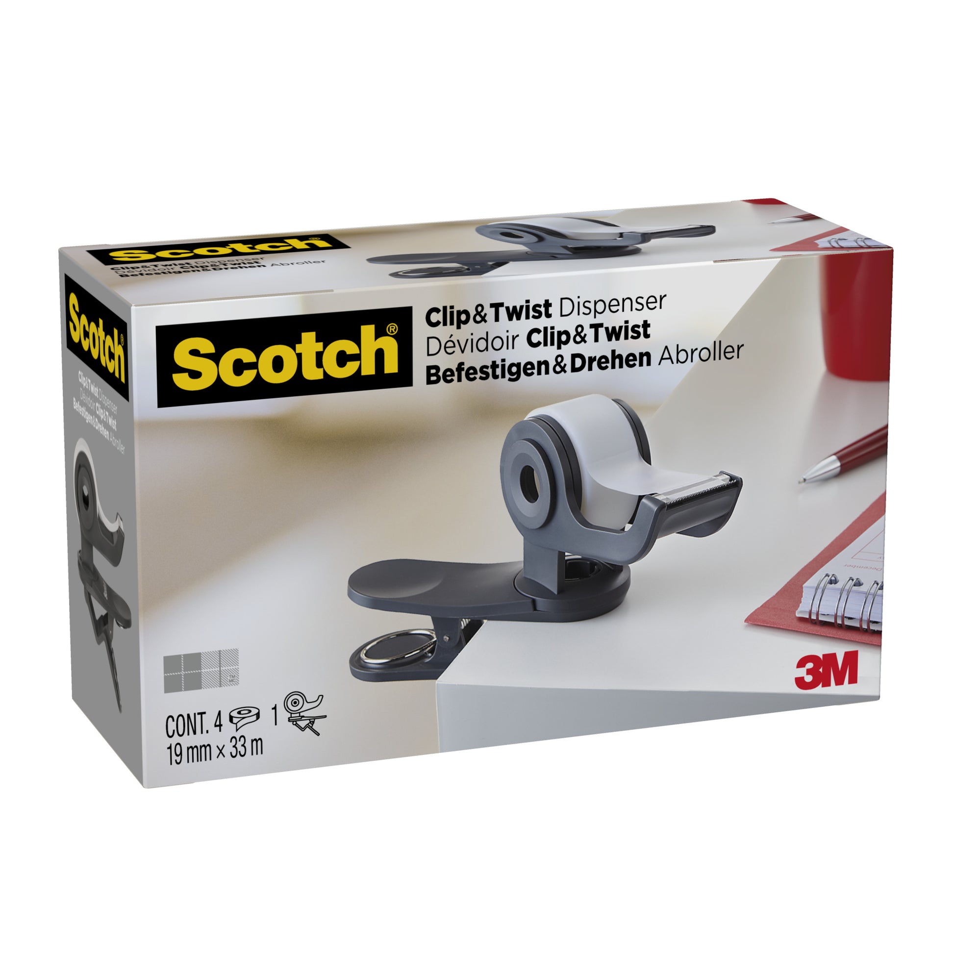 Eine Packung Scotch™ Clip & Twist Klebeband-Abroller C19 in grau mit 4 Rollen Magic™ Unsichtbares Klebeband (19 mm × 33 m), von 3M Deutschland GmbH, abgebildet an einem Schreibtisch auf der Schachtel mit Produktinformationen in Englisch, Französisch und Deutsch.
