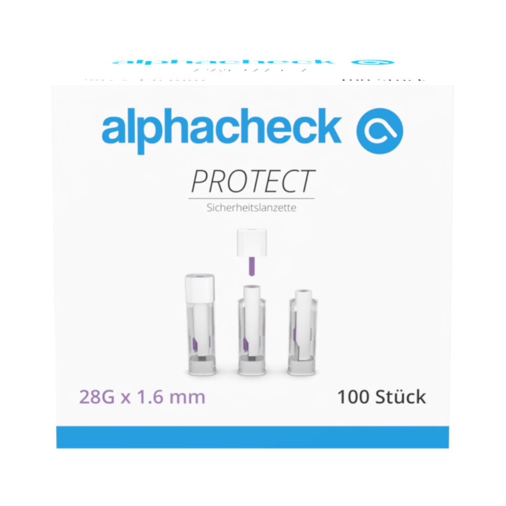 Une boîte portant l'inscription « alphacheck PROTECT » de Berger Med GmbH contient 100 lancettes de sécurité Alphacheck PROTECT (28G x 1,6 mm) pour un prélèvement sanguin peu douloureux. La face avant montre trois lancettes avec un texte en allemand et en anglais.