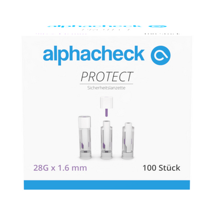 Une boîte portant l'inscription « alphacheck PROTECT » de Berger Med GmbH contient 100 lancettes de sécurité Alphacheck PROTECT (28G x 1,6 mm) pour un prélèvement sanguin peu douloureux. La face avant montre trois lancettes avec un texte en allemand et en anglais.
