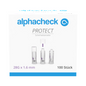 Eine Schachtel mit der Aufschrift „alphacheck PROTECT“ der Berger Med GmbH enthält 100 Alphacheck PROTECT Sicherheitslanzetten (28G x 1,6 mm) zur schmerzarmen Blutentnahme. Die Vorderseite zeigt drei Lanzetten mit Text in Deutsch und Englisch.