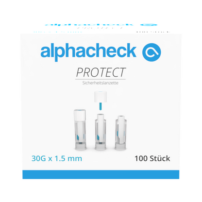 Une boîte de lancettes de sécurité Alphacheck PROTECT (30G x 1,5 mm, 100 pièces) de Berger Med GmbH pour un prélèvement sanguin peu douloureux ; trois lancettes avec capuchons de protection et logo alphacheck sur fond blanc.
