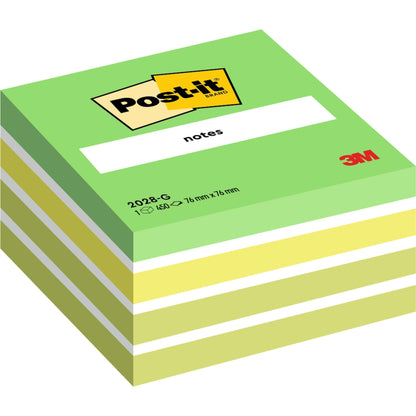 Ein Stapel grüner und gelber Post-it® Haftnotizen Würfel (76 mm x 76 mm, 450 Blatt/Block, 100% PEFC) der 3M Deutschland GmbH, mit dem Post-it Logo und Produktangaben auf der Verpackung.