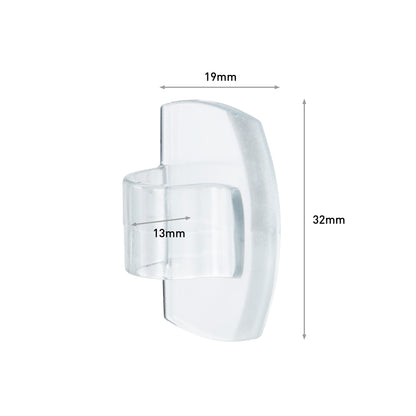 Command™ transparente Clips für runde Kabel, 17017CLR (4 Clips + 5 Streifen) von 3M Deutschland GmbH: Transparente Kabelclips, Maße: 19mm breit, 32mm hoch, 13mm tief. Perfekt zur Kabelbefestigung auf weißem Hintergrund abgebildet.