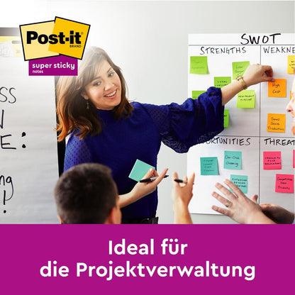 Une femme gesticule à côté d'un tableau blanc couvert de Post-it® Super Sticky Notes colorés (76 mm x 127 mm, 90 feuilles/bloc, 100% PEFC) de 3M Deutschland GmbH, tout en discutant d'une analyse SWOT avec son équipe. Le texte allemand promeut la gestion de projet.