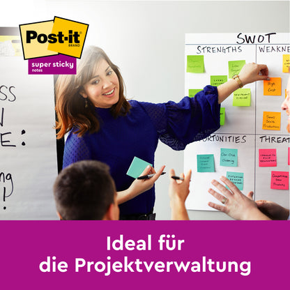 Eine Frau in blauer Bluse leitet ein Meeting und zeigt auf eine SWOT-Tafel mit Post-it® Super Sticky Notes (47,6x47,6 mm, 90 Blatt/Block, 100% PEFC) von 3M Deutschland GmbH. Text: "Ideal für die Projektverwaltung.